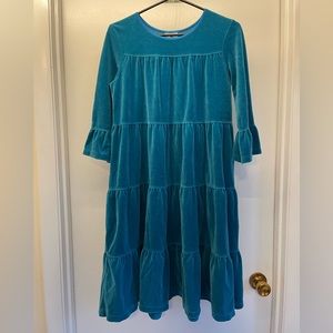 Hanna Andersson Teal tiered velour dress. 160cm, size 14/16